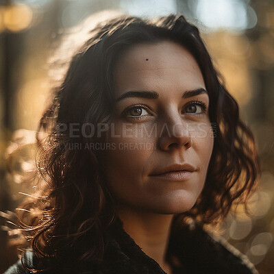 Buy stock photo Thinking, bokeh and face of woman in woods on autumn morning walk for memory, ideas and reflection. Boho, vision and relax in thought, ai generated girl on outdoor adventure to remember and travel