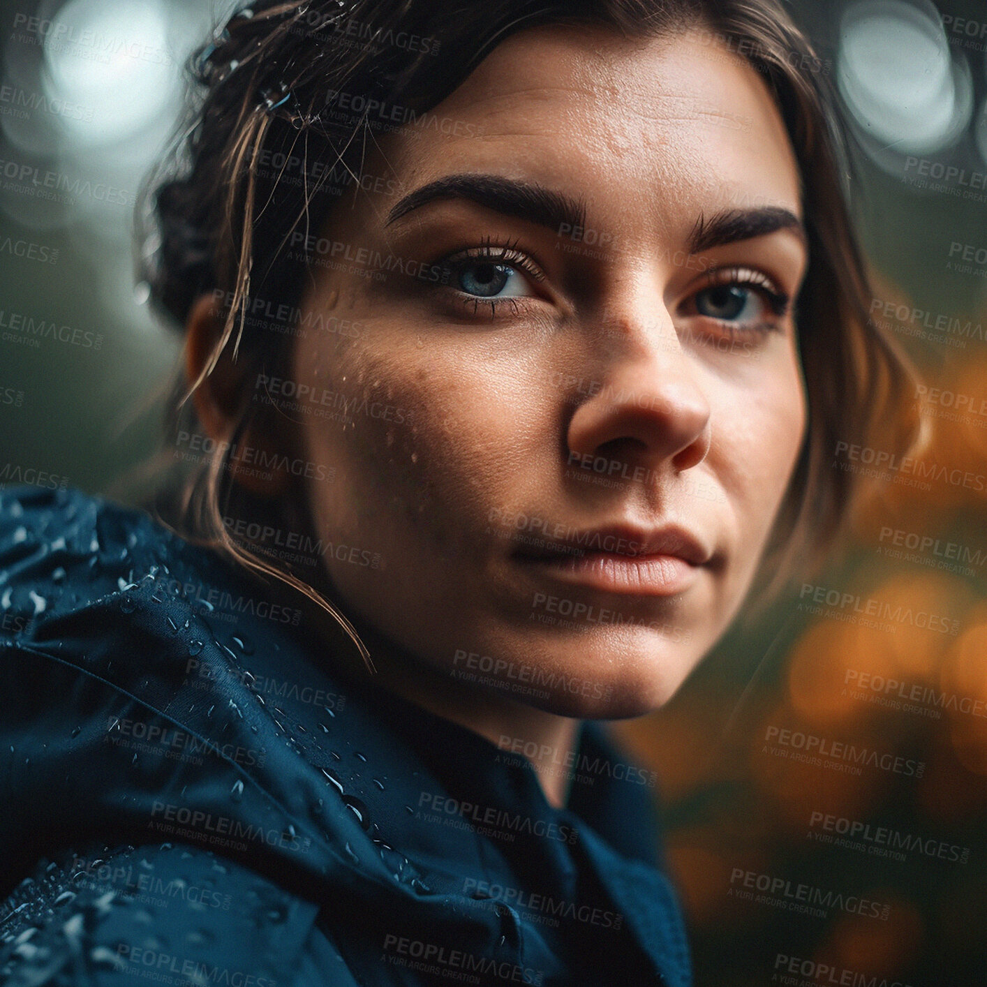 Buy stock photo Portrait, bokeh and woman in forest rain on winter walk in lights, trees and outdoor hiking adventure. Boho trekking, beauty and serious face of ai generated girl on travel in woods on storm evening.