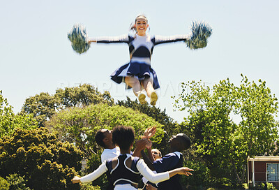 Buy stock photo Cheerleader, jump stunt and sports performance on field with teamwork, trust and collaboration. Team, training and prepare for support competition with gymnastics, energy and skill with excellence