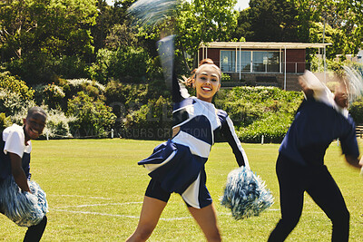 Buy stock photo Cheerleader, people and teamwork with hand up in routine at university stadium, sport and uniform for game. Asian teen, diversity and team in collaboration with pom poms and fitness for competition 
