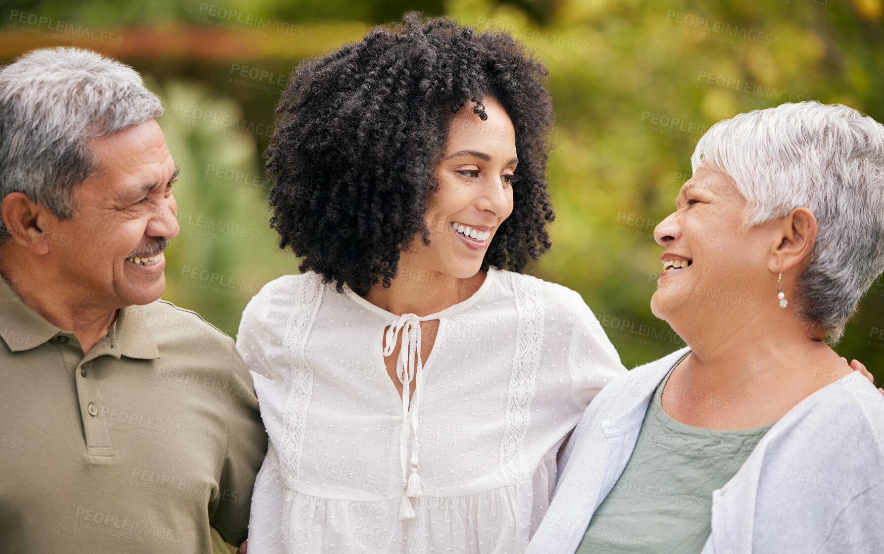 Buy stock photo Happy family, smile and people with support outdoor in nature for happiness, bonding and care with love. Holiday, man and women or parents with girl child in garden of home in summer for peace or joy