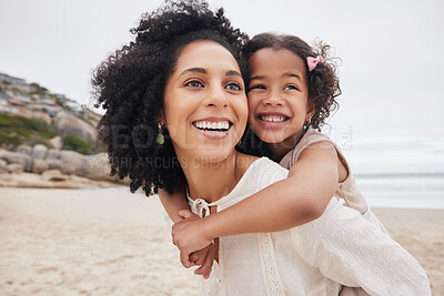 Buy stock photo Beach, piggyback or happy mother with child in nature to enjoy a family holiday vacation in New Zealand. Travel, hug or proud mom at sea or ocean with smile, kid or girl to relax or bond together