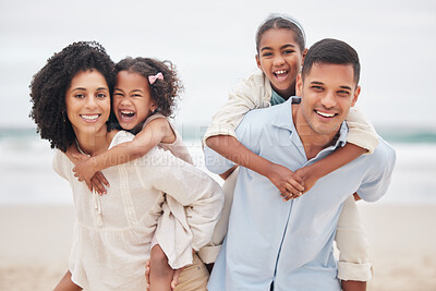 Buy stock photo Beach, portrait or parents with happy kids in nature to enjoy a family holiday vacation in New Zealand. Travel, piggy back or father at sea or ocean with mom or children to relax or bond together