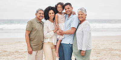 Buy stock photo Portrait, smile and big family at beach outdoor on holiday, vacation and travel together. Happy grandparents, parents and child at ocean bonding, care and connection of father, mother and kid at sea