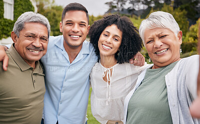 Buy stock photo Happy family, children and parents with selfie in garden for love, hug and happiness at home or house. Profile picture, men and women outdoor in nature for relax, memory or bond on weekend with smile