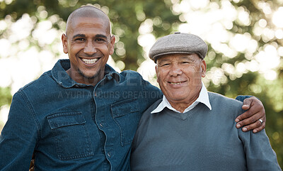 Buy stock photo Hug, family and portrait of senior father in park for bonding, relationship and relax together. Love, happy and face of elderly dad embrace son outdoors for fun on weekend, holiday and vacation