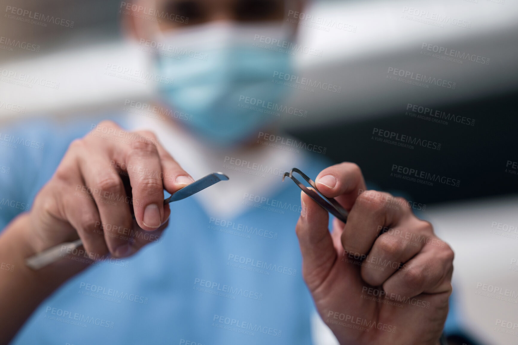 Buy stock photo Healthcare, surgery and hands of doctor with tools, emergency care or professional career in hospital. Medicine, expert surgeon in operating room or theater with steel equipment for medical procedure