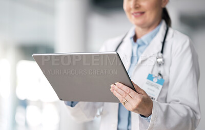 Buy stock photo Woman, doctor closeup and tablet with hospital, healthcare and wellness data in clinic. Technology, online results and research and medical professional working and planning on internet at job