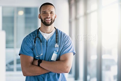 Buy stock photo Man, portrait and surgeon with arms crossed in hospital for wellness services, help and medical consulting in Mexico. Medicine, healthcare and happy professional doctor working with trust in clinic 
