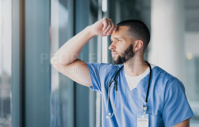 Buy stock photo Window, doctor and man with stress, thinking and mental health with burnout, overworked and depression. Person, employee and medical professional with thoughts, healthcare and anxiety with doubt