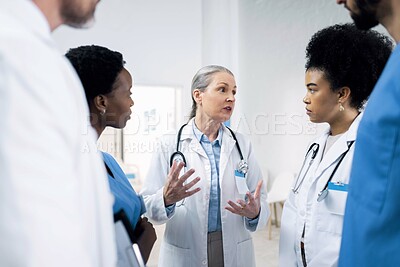 Buy stock photo Doctors, nurses and people for teamwork, planning and speaking of workflow, healthcare and hospital management. Medical staff and manager in group for internship feedback, results and clinic meeting