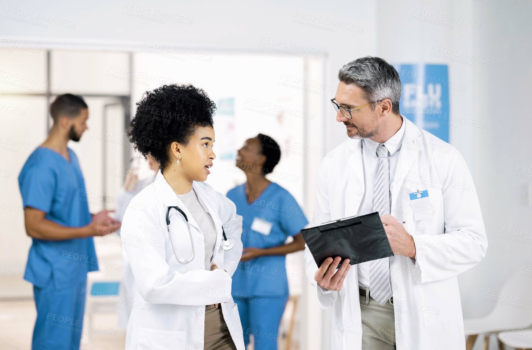 Buy stock photo Doctors, nurses and checklist for teamwork, medical results and mentor planning or talking of hospital or clinic schedule. Healthcare worker, student or people writing with folder, notes and charts