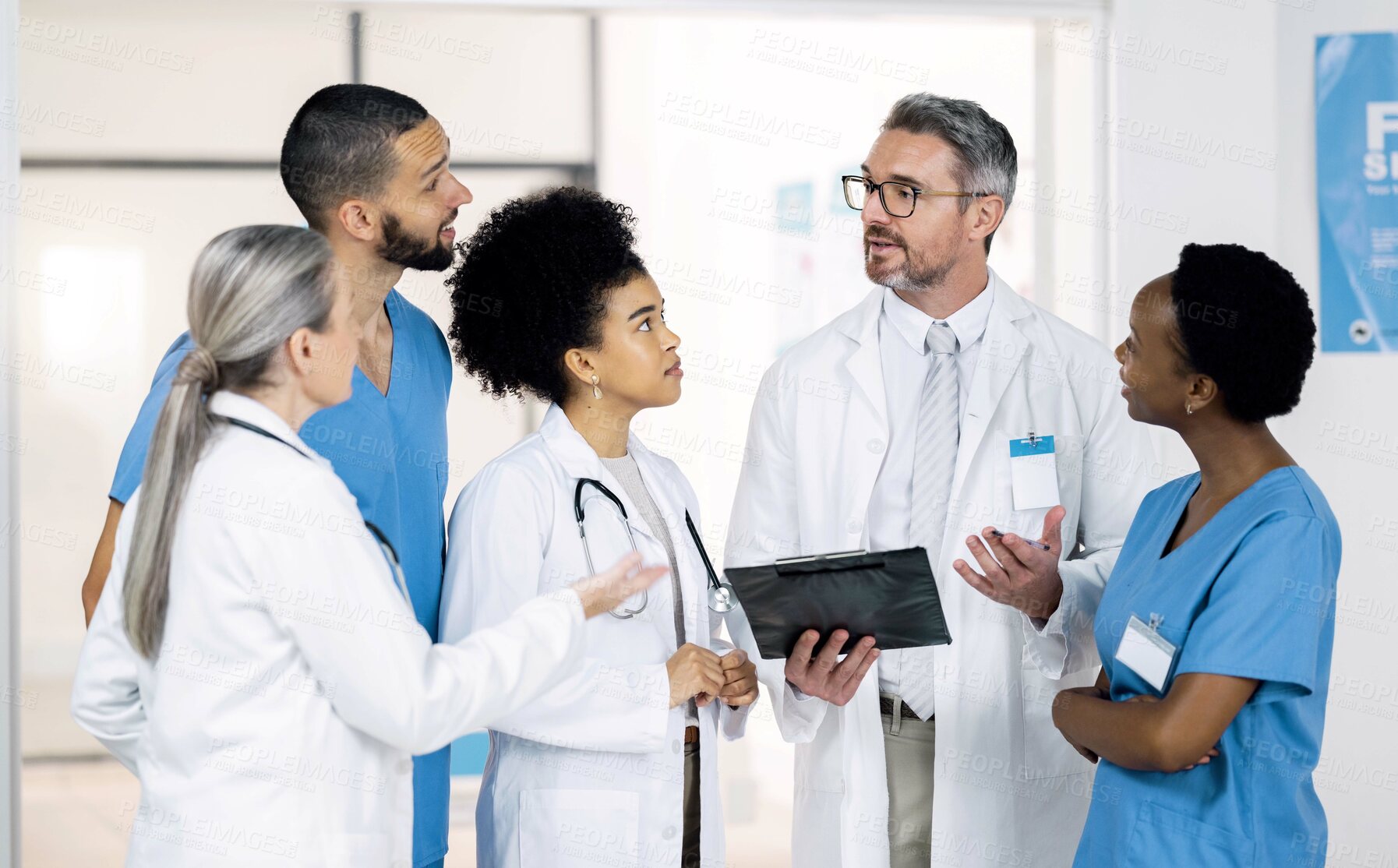 Buy stock photo Doctors, medical people and tablet for hospital management, clinic research and teamwork or training. Group of healthcare staff, nurses and mentor with digital technology for internship schedule
