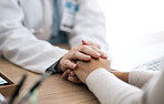 Hospital, holding hands and doctor with patient for care, comfort and empathy for diagnosis news. Healthcare consulting, clinic and health worker with person for support, wellness and medical results