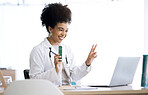 Woman, doctor and laptop with peace sign at clinic for advice, product or package for healthcare in office. Medic, nurse or pharmacist with box, drugs or emoji for telehealth consultation on computer