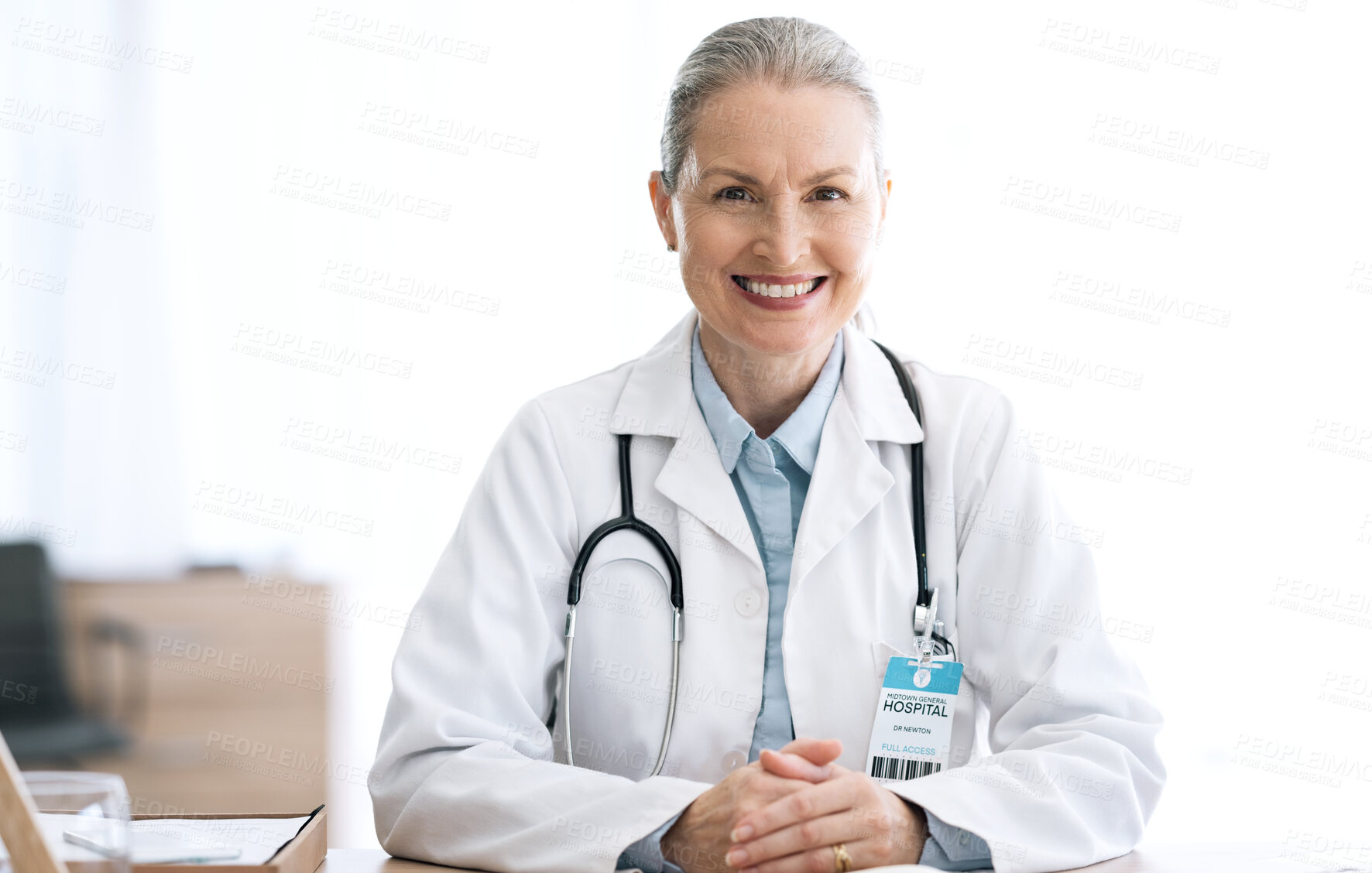 Buy stock photo Mature woman doctor, smile and portrait in office for healthcare, wellness and insurance. Happy medical professional, confident and expert therapist or surgeon to trust and support or about us