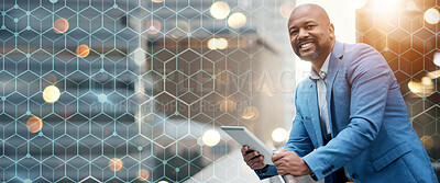 Buy stock photo Grid overlay, business man and portrait with tablet on patio for network and digital outdoor with mockup space. Working, African male professional smile and technology for website development job