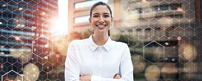 Buy stock photo Portrait, business and woman on city with overlay, hexagon grid and corporate connectivity. Urban, buildings and happy with face of businesswoman with arms crossed, opportunity and digital network