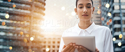 Buy stock photo Grid overlay, business woman and tablet with bokeh for banner work and digital transformation outdoor. Working, female professional and tech for website development job reading research information