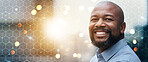 Portrait, businessman and smile for mockup on banner, bokeh and overlay in closeup for digital marketing. African, mature and person for innovation, startup or fintech in social media, web or online