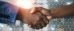 Partnership, business and shaking hands in overlay with deal, hexagon grid and corporate connectivity. Digital hologram, negotiation and men with handshake with networking, opportunity and agreement.