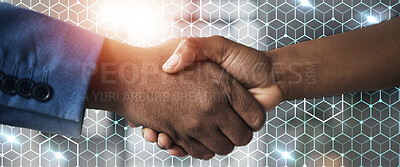 Buy stock photo Partnership, business and shaking hands in overlay with deal, hexagon grid and corporate connectivity. Digital hologram, negotiation and men with handshake with networking, opportunity and agreement.