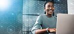 Grid overlay, business woman and portrait with computer in office for SEO and digital planning. Working, African female professional and technology for website development job with mockup space