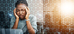 Woman, headache and overlay with stress for connectivity, network and internet problem with bokeh. Black person, information technology and online with work, migraine and cybersecurity with anxiety