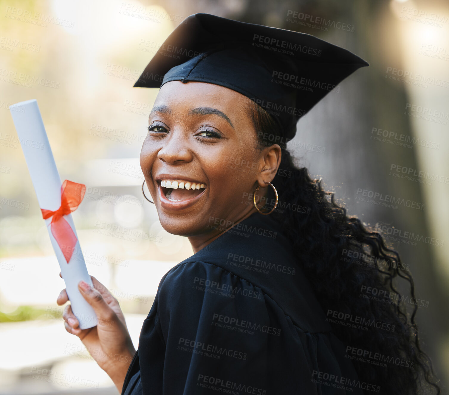 Buy stock photo Graduation, diploma and portrait of happy black woman celebrate success, education and college scholarship outdoor. University graduate smile with certificate, award and certified student achievement