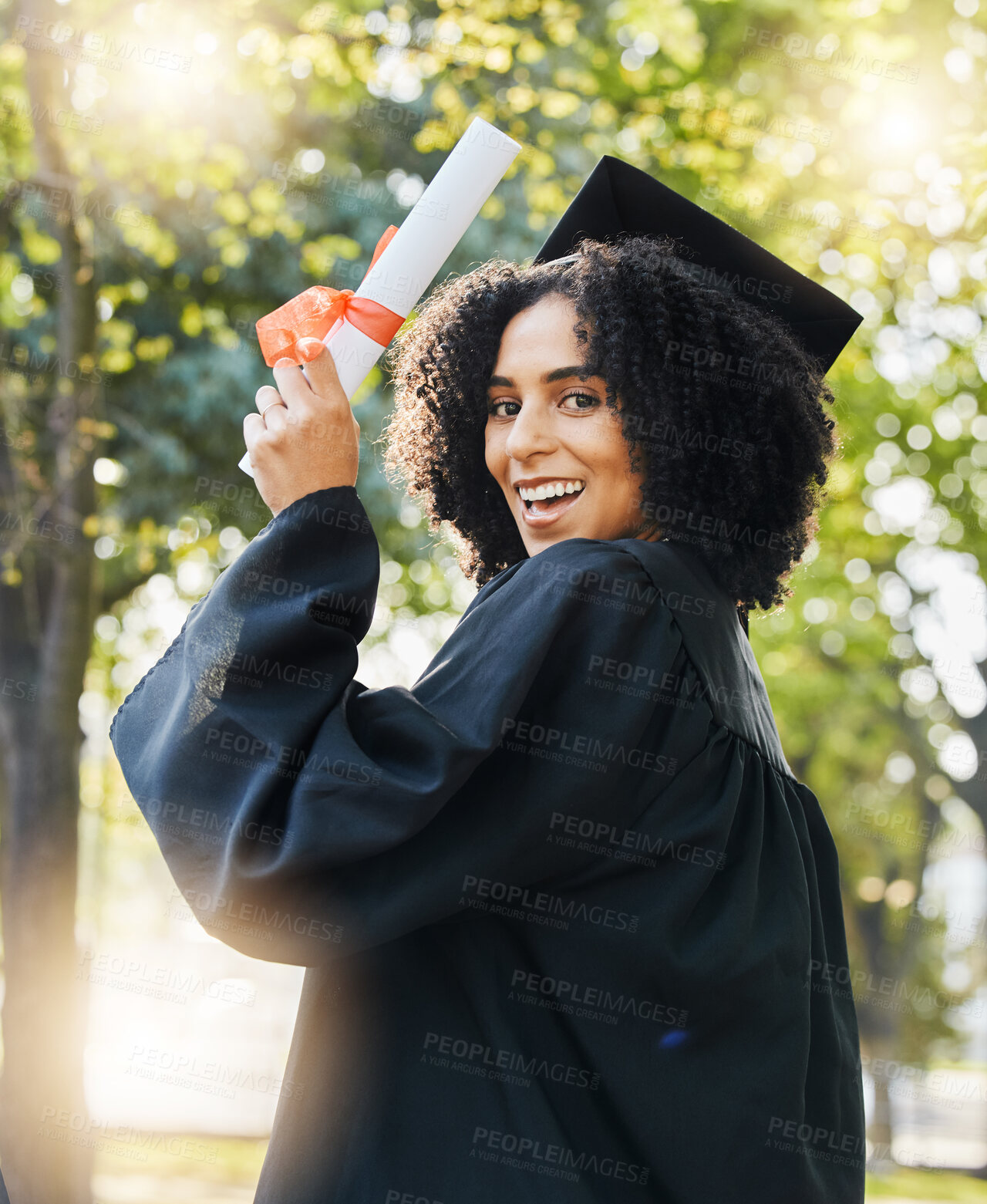 Buy stock photo Graduate, certificate and portrait of happy woman celebrate success, education and college degree outdoor. University graduation, diploma and celebration of award, achievement and event in garden 