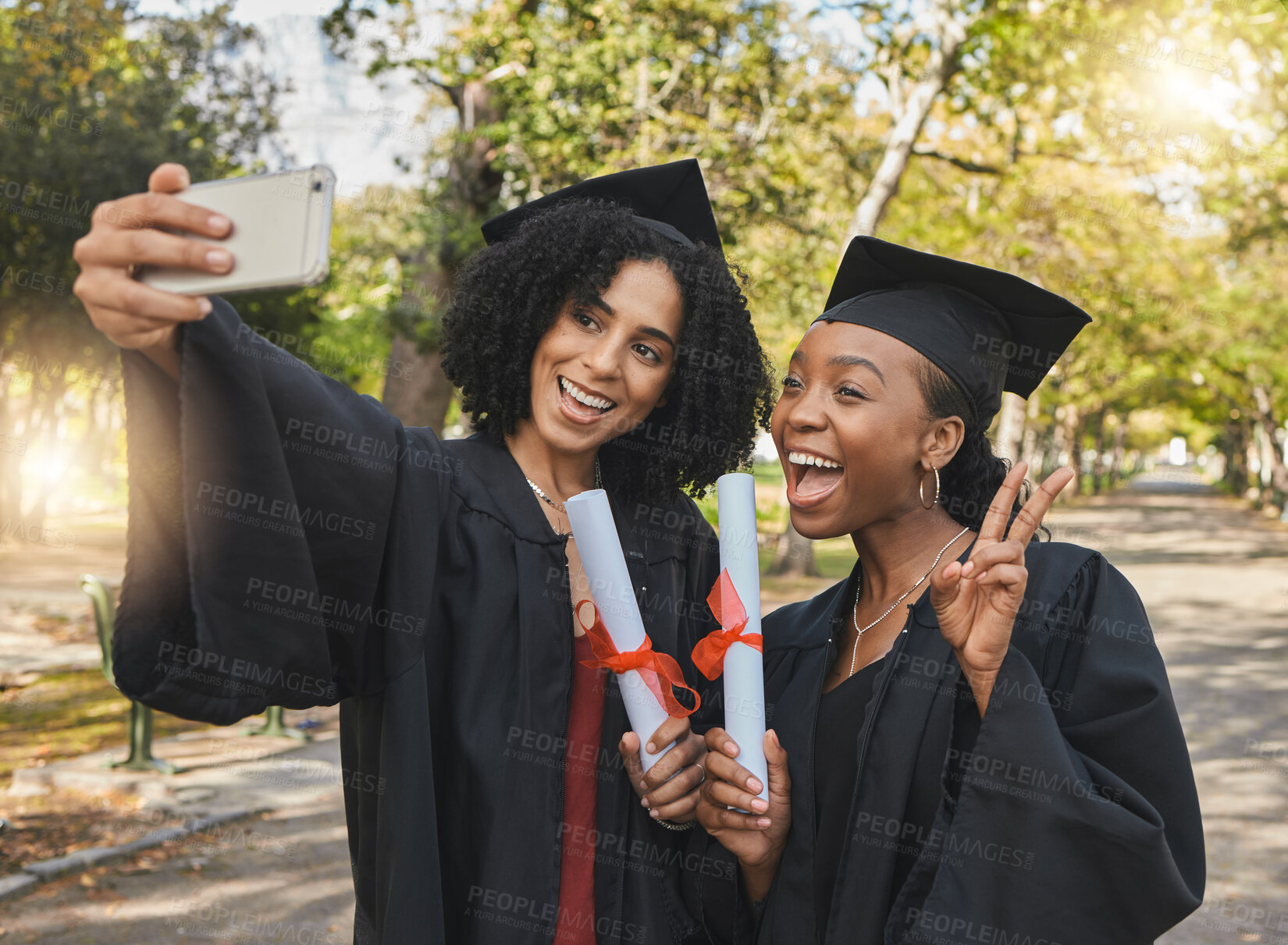 Buy stock photo Graduation diploma, peace sign and happy friends selfie for academy success, university or social media memory photo. College study, achievement or excited students post school profile picture on app