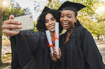 Buy stock photo Graduation diploma, nature or happy friends selfie for learning success, education development or graduate photo. College progress, park photography or students post profile picture to social network