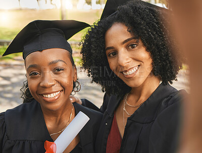 Buy stock photo Graduation, portrait or happy friends selfie for learning success, education development or graduate photo. College women, park photography and face of students smile for school progress achievement