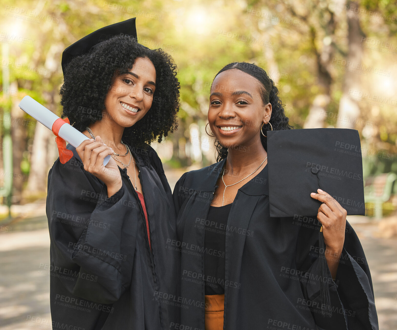 Buy stock photo Graduation cap, diploma or portrait friends happy for learning success, education development or graduate progress. College women, school ceremony or university students smile for academy achievement