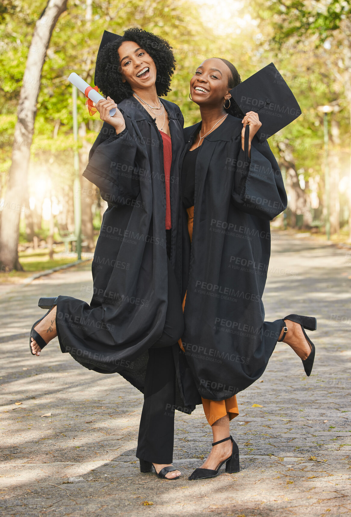 Buy stock photo Graduation cap, diploma or happy friends portrait, celebration or learning success, education goals or graduate degree. College women, school park or university students celebrate academy achievement