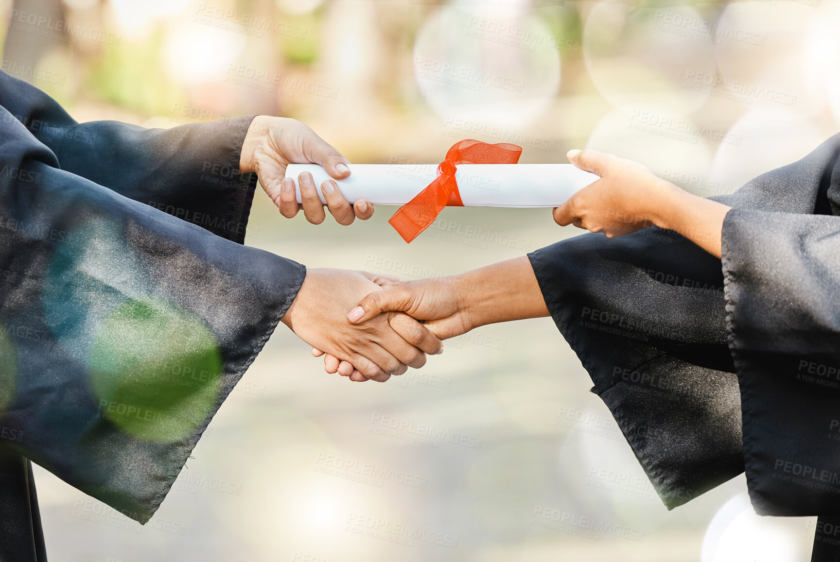 Buy stock photo Graduation diploma, university and people shaking hands for learning success, education development or graduate scroll. College certificate, school ceremony handshake and closeup students achievement