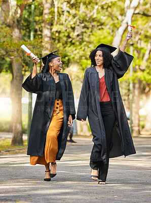 Buy stock photo Graduate diploma, walking and happy friends celebrate learning success, education goals or university graduation. College progress, school achievement and excited students celebration in nature park