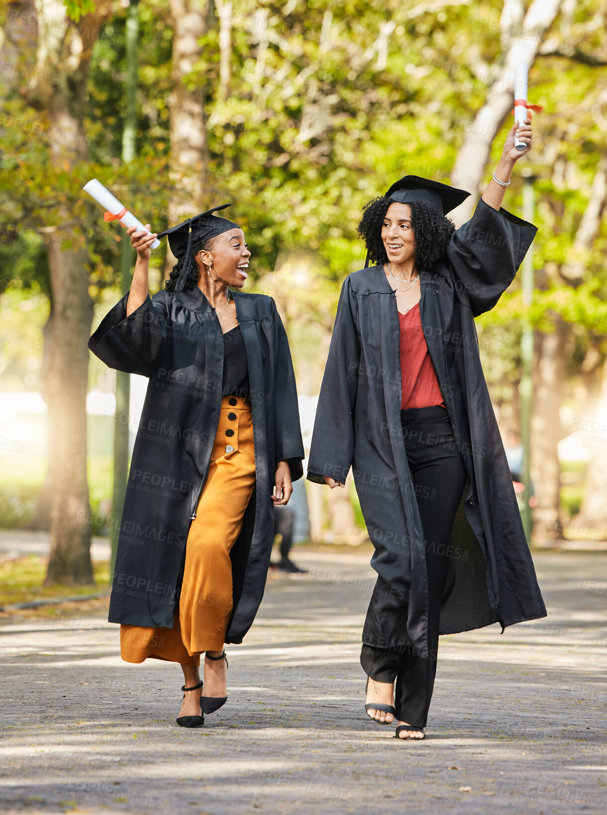 Buy stock photo Graduate diploma, walking and happy friends celebrate learning success, education goals or university graduation. College progress, school achievement and excited students celebration in nature park