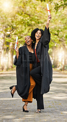 Buy stock photo Graduate diploma, happy women portrait and friends celebrate learning success, education goals or university graduation. College certificate, school study achievement and excited students celebration