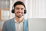 Portrait, businessman and smile in happiness with headset for job, customer support or telecom in office. Caucasian, person and employee with joy on face for work in call centre sales or help desk 
