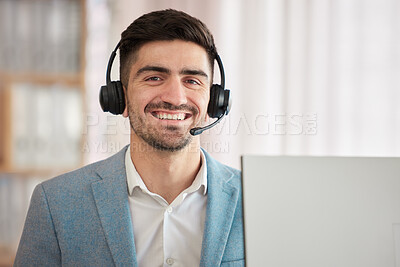 Buy stock photo Portrait, businessman and smile in happiness with headset for job, customer support or telecom in office. Caucasian, person and employee with joy on face for work in call centre sales or help desk 
