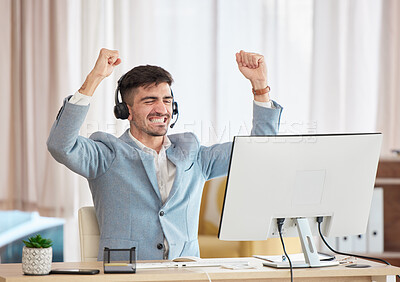 Buy stock photo Man, employee and headset with computer in celebration of sale, customer service or target in office. Person, agent and call centre for success, achievement or victory in telemarketing, deal or bonus