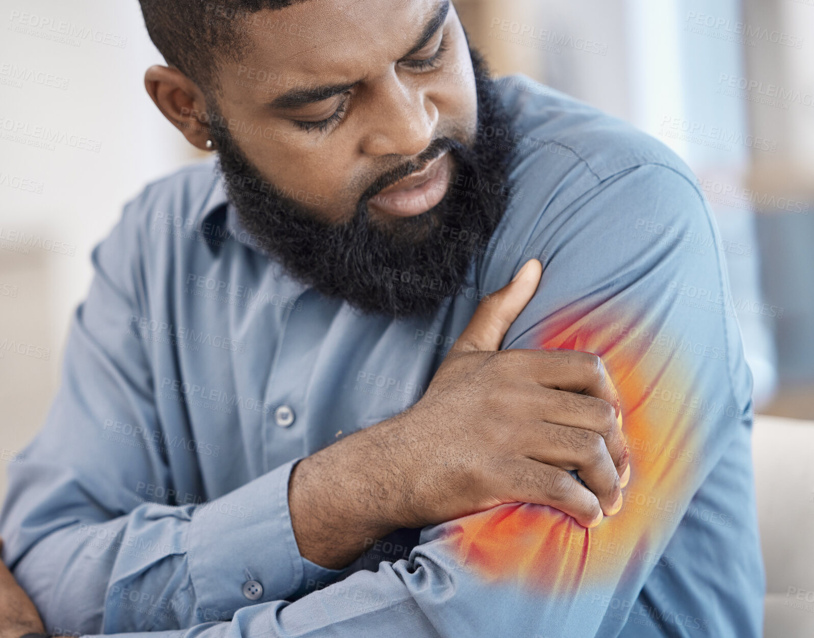 Buy stock photo Black man, arm pain and remote work with injury, muscle problem and red inflammation at home. African male person,  freelancer shoulder and joint damage with heart attack warning and stress in house