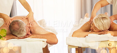 Buy stock photo Relax, senior couple and massage with wellness, retirement and spa treatment with anniversary. Old man, romance and elderly woman with skincare, salon grooming or stress relief on vacation or holiday