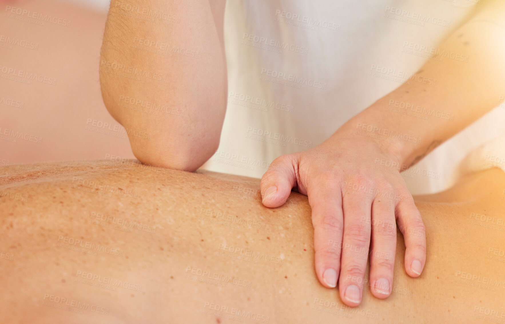 Buy stock photo Masseuse, woman and massage a back in spa, relax and peace with acupressure. Luxury wellness, spa and salon in retirement, closeup of physical therapy, healing and treatment for detox or self care