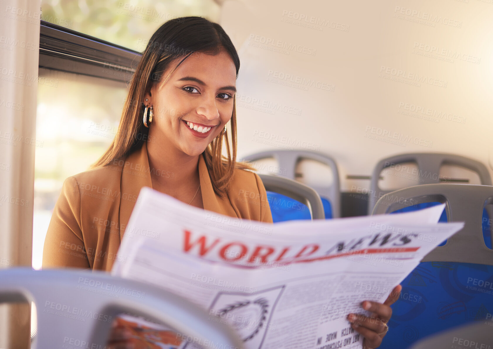 Buy stock photo Portrait, bus and woman with a newspaper, smile and travel with world news, happy and student. Face, worker and girl with transportation, info and reading newsletter with happiness and professional