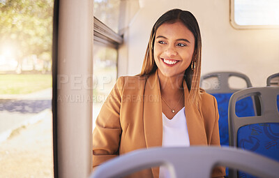 Buy stock photo Young, woman and commute to work by bus, public transportation and city with traffic. Employee, alone and smile in happiness on face for career, occupation and traveling with service, metro or auto