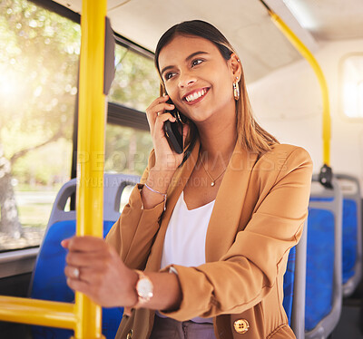 Buy stock photo Woman in bus with smile, phone call and travel on urban commute in communication on drive. Public transport, service or ride, girl in conversation on cellphone for schedule or agenda on road to work.