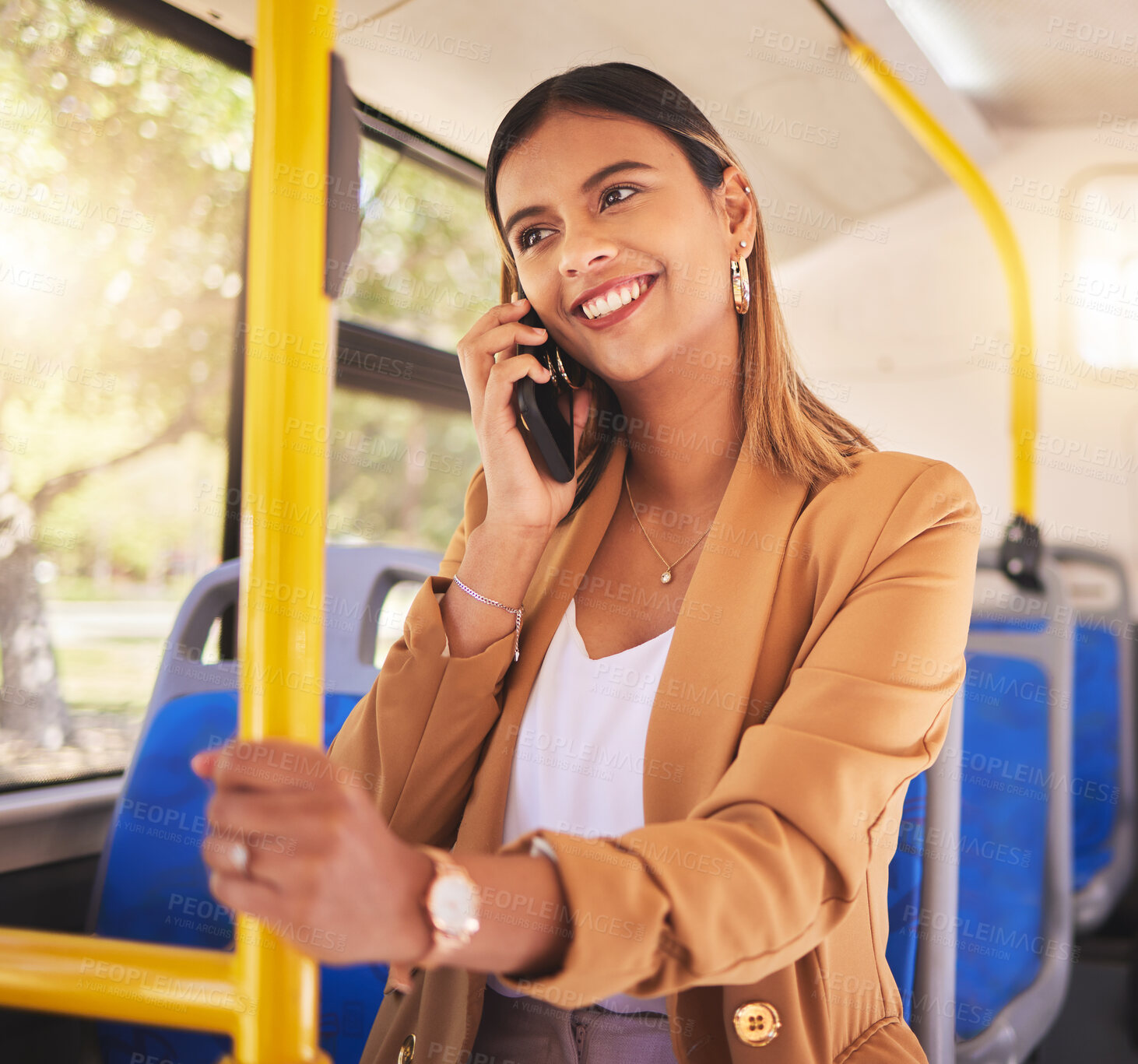 Buy stock photo Woman in bus with smile, phone call and travel on urban commute in communication on drive. Public transport, service or ride, girl in conversation on cellphone for schedule or agenda on road to work.