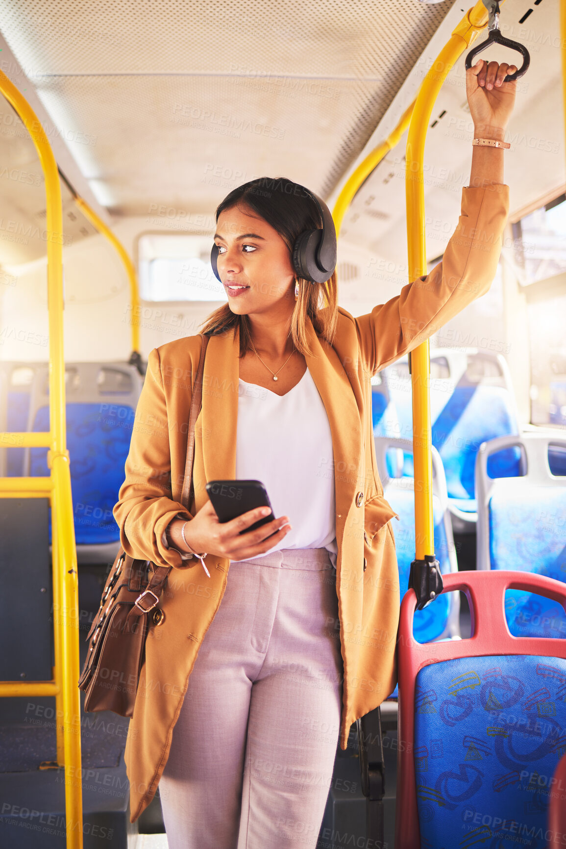 Buy stock photo Woman, bus and traveling with headphones and phone, listening to song, music and audio in public transport. Business person, commute and journey to work, streaming radio and podcast on smartphone